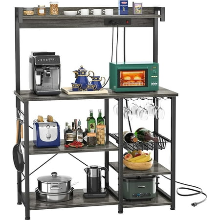 

bafwm Bakers Rack with Power Outlet Microwave Stand Kitchen Shelf with Wire Basket Coffee Station with Wine Glass Holder 35.4 Kitchen Rack for Spices Pots and Pans Black Oak
