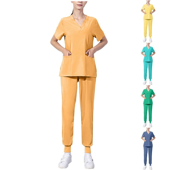 Miluxas Scrubs for Women Set - Stretch V-Neck Scrub Top & Jogger Pant with Pockets Yellow 10(XL)