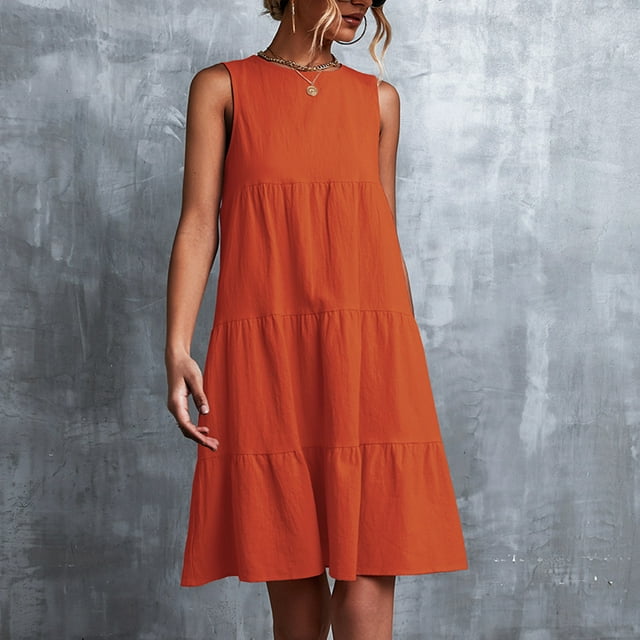 SMihono Robe d'Été Grande Taille pour Femmes 2023 Mode Vacances Été Couleur Unie Col Rond Sans Manches Fête Plage Robe Ample