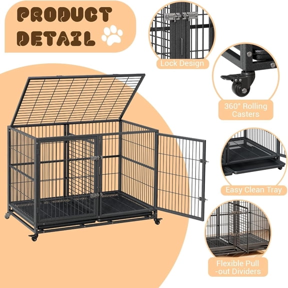 Acekid 48 Inch Heavy Duty Dog Crate, Indestructible Escape-Proof Kennel with Divider & Double Doors, Black