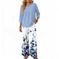 thumbnail image 5 of Tropical Floral Print Two Piece Set for Women, 3/4 Sleeve Button Down Top & Wide Leg Pants - Vacation Resort Wear Lounge Outfit with Straight Leg Trousers Blue XXXL, 5 of 7