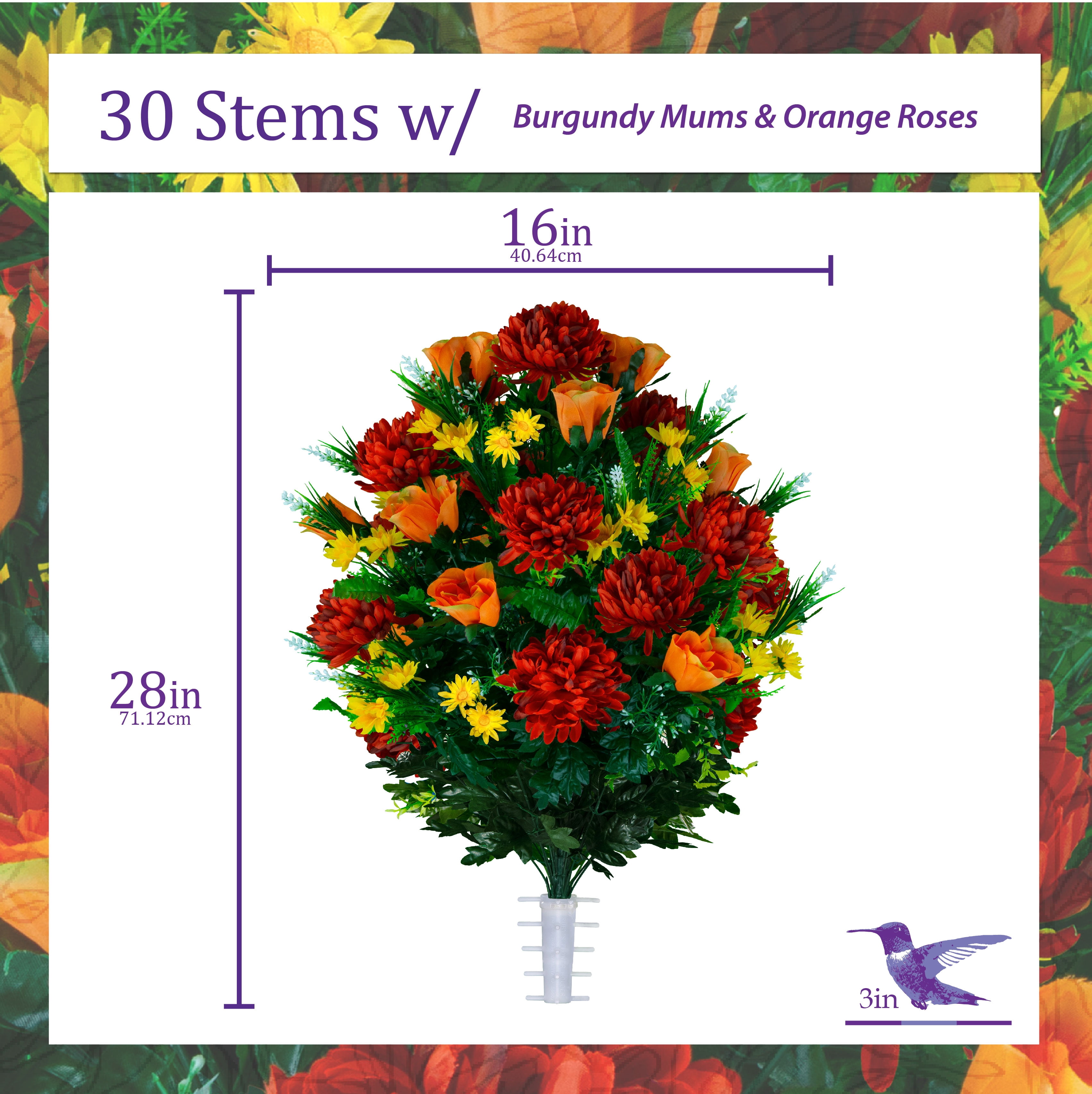Sympathy Silks Artificial Cemetery Flowers Burgundy Mum and Orange Rose Bouquet for Outdoor Vase
