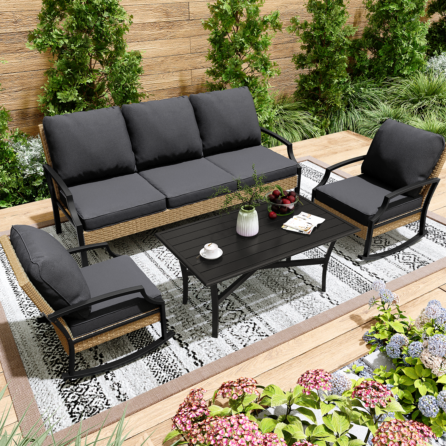 AECOJOY Patio Furniture Sets On Sale,Metal Outdoor Furniture Sets Clearance,Wicker Rattan Patio Conversation Sets For Porch, Garden and Backyard,Dark Grey