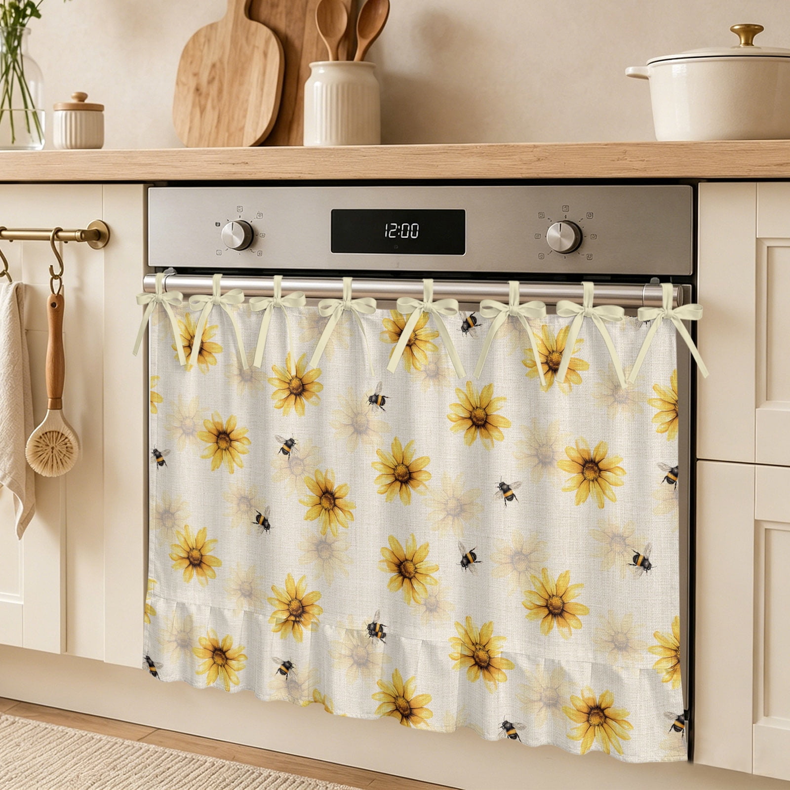 Farmhouse Sunflower Oven Skirt Curtain Rustic Yellow Honey Bees Linen Texture Tie Top Tier Curtains Stove Dishwasher Skirt Small Window Drapes for Kitchen Bathroom Cafe 27 x20