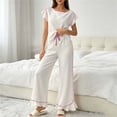 thumbnail image 2 of Tqcoqu Women's 2 Piece Pajama Set, Round Neck Ruffle Short Sleeve Contrast Piping & Drawstring Ruffle Hem Wide Leg Pants, Loungewear Sleepwear for Women, 2 of 6
