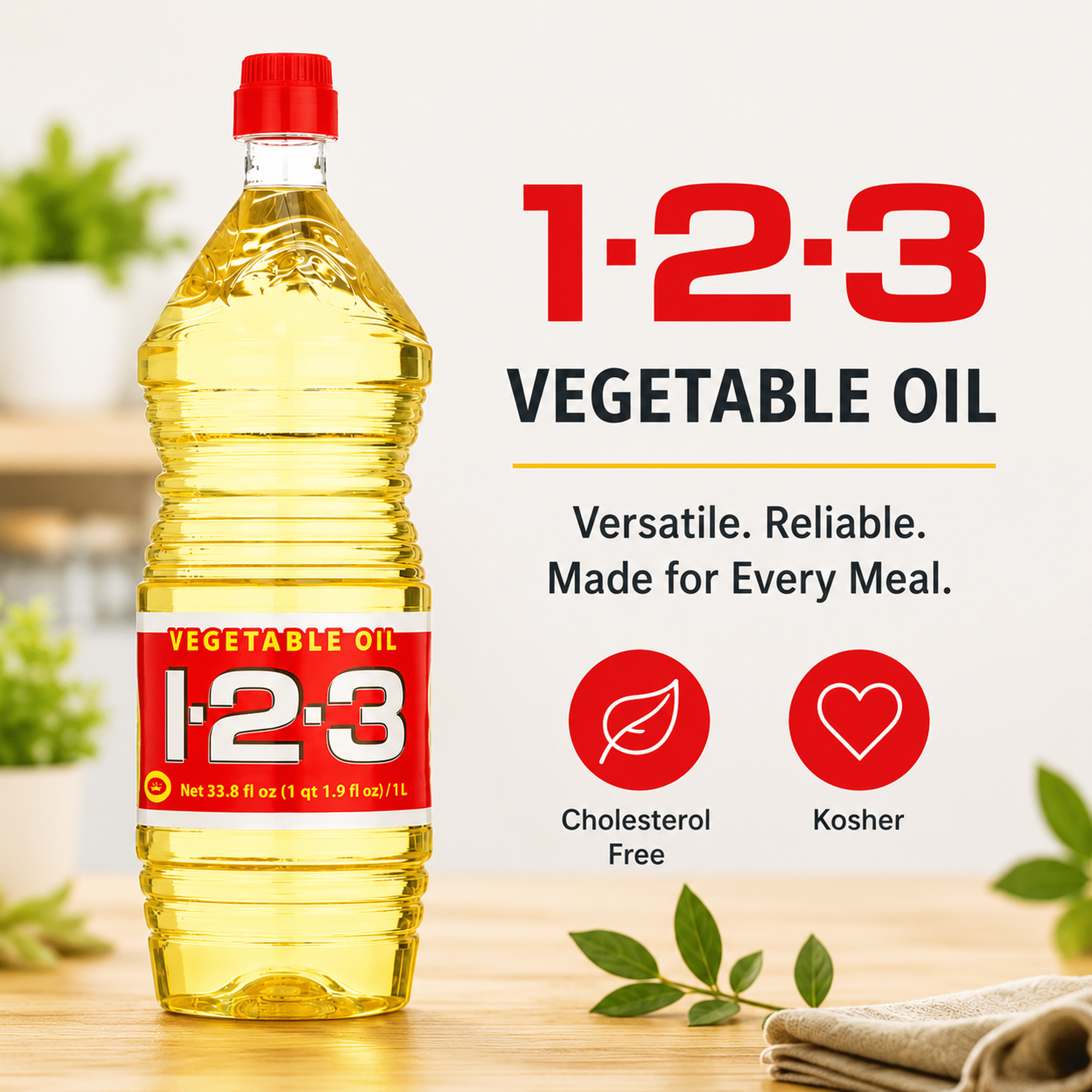 1-2-3 Vegetable Oil, All Purpose Cooking Oil for Frying and Baking, 33.8 fl oz