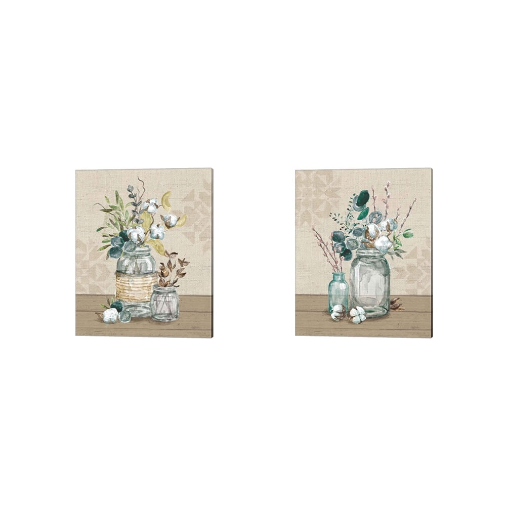 Cotton Bouquet Floral Canvas Art Set in Beige and Green