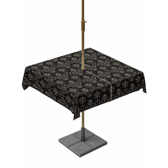 Outdoor Tablecloth with Umbrella Hole for Patio/Picnic/Party/Camping, Black Floral Abstract Waterproof Table Cloth Square Cover Washable, Vintage Ethnic Bohemian Flowers (60"x 60")