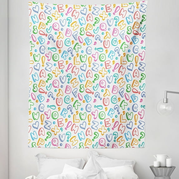 Alphabet Tapestry, Letters in Fun Colors Scribble Style ABC Hearts Comics Art, Fabric Wall Hanging Decor for Bedroom Living Room Dorm, 5 Sizes, Multicolor, by Ambesonne