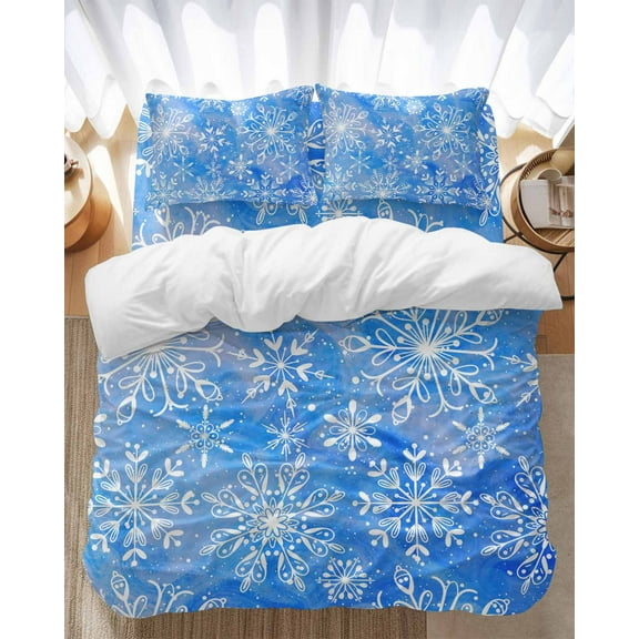 Winter Christmas Bedding Duvet Cover Set King Size 4 Pieces Watercolor White Snowflake Blue Backdrop Bedding Set with Zipper Closure, 1 Comforter Cover 92x106 Inches 1 Flat Sheet & 2 Pillow Cases
