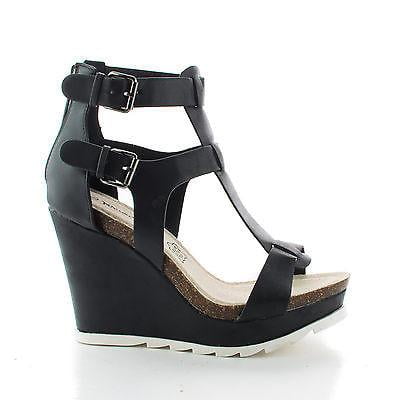 Outlook02 by Bamboo, Open Toe Buckle T-Strap Cut Out Platform High Wedge Heels
