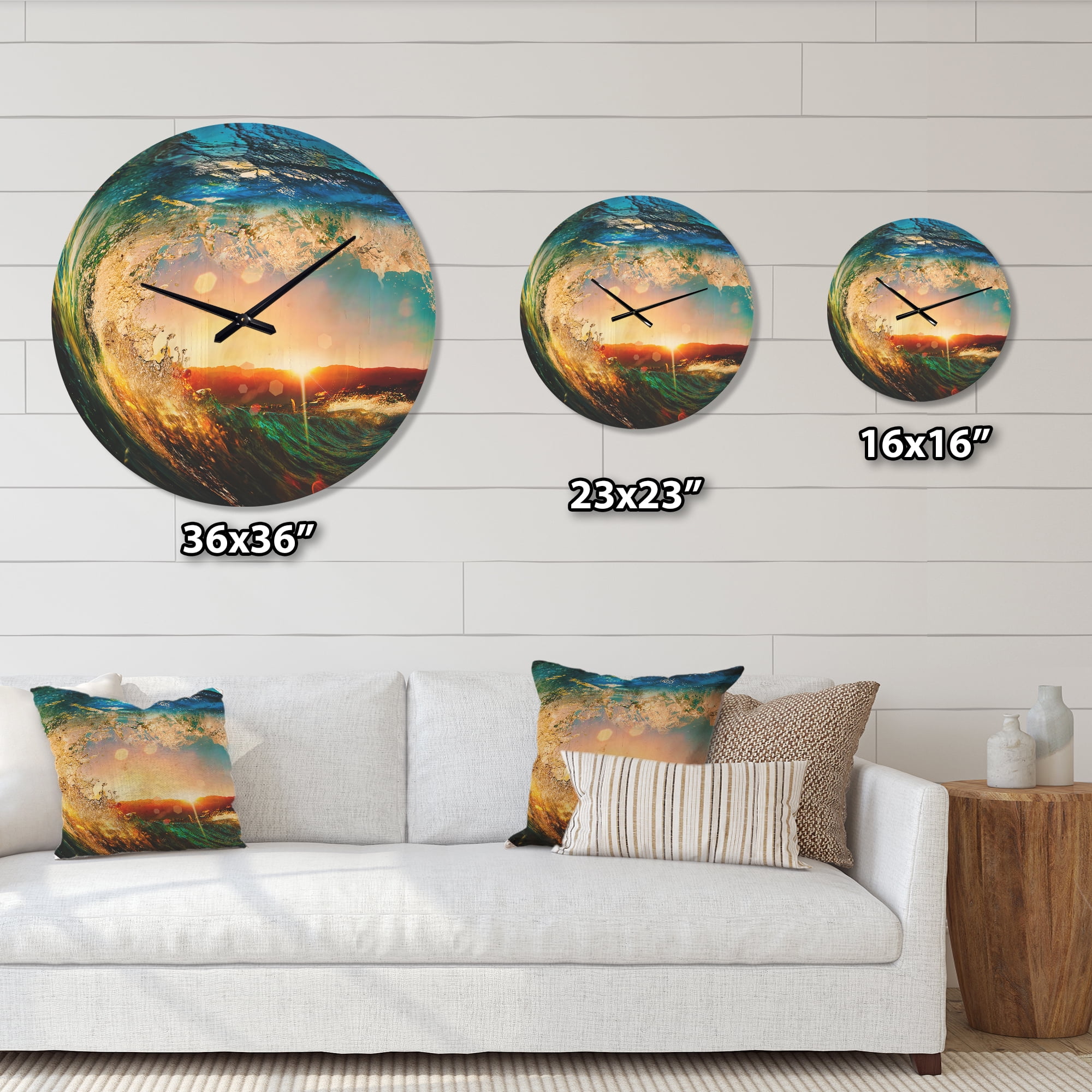 Designart 'Colored Ocean Waves Falling Down At Sunset' Modern Wood Wall Clock
