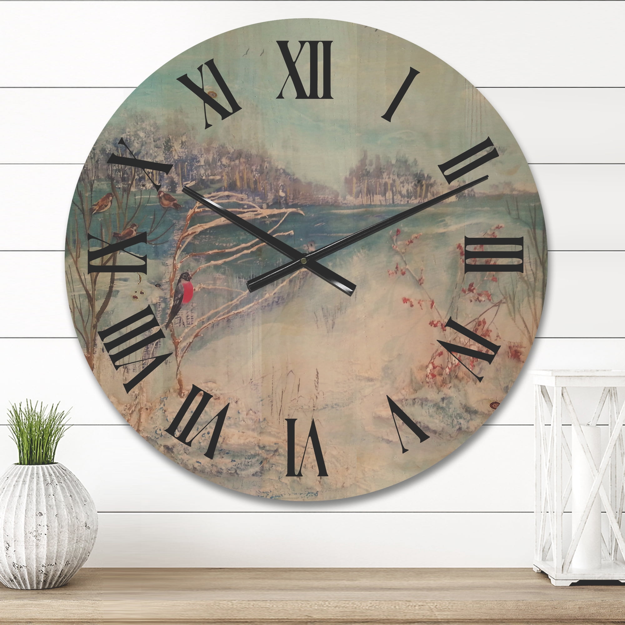 Designart 'Birds and Winter Trees By River' Lake House Wood Wall Clock