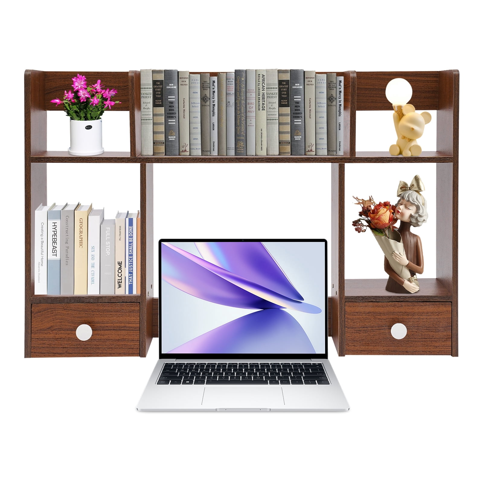 Modern Desktop Storage Organizer Home Office Desktop Bookshelf Holder Computer Rack Desk Organizer for Space Saving (Dark Walnut Color)