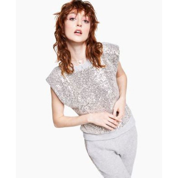 $80 International Concepts Petite Sequined Sleeveless Sweatshirt Gray Size PS