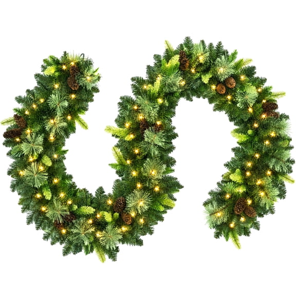 JIOABL 9 ft Pre-Lit Christmas Garland with Warm LED Lights, Artificial Pine Garland for Mantel, Staircase, Doorway and Holiday Decor