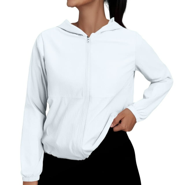 ManxiVoo Veste Imperméable pour Femmes avec Protection UV, Capuche, Coupe-Vent, Fermeture Éclair Ventilée pour Activités Extérieures, Taille TTG, Blanc