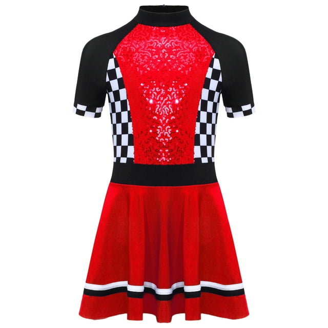 Yartina Robe de Pilote de Course pour Filles, Fermeture Éclair, Paillettes à Damier, Robe pour Fête à Thème d'Halloween, Rouge, 12