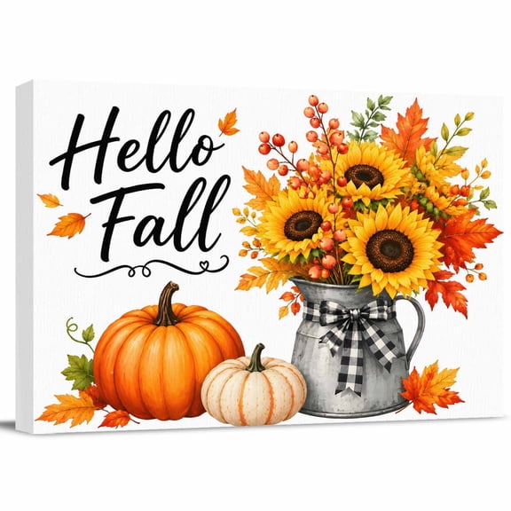 Hello Fall Canvas Print Wall Art, Thanksgiving Orange Pumpkin Sunflower Maple Leaves Berry Wall Decor Modern Artwork Paintings Pictures for Living Room Framed Ready to Hang - 12" x 16"