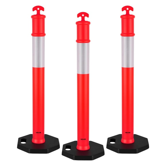 VEVOR 3 Pack Traffic Delineator Posts, 48 inches Traffic Safety Cones with Weighted Base and Reflective Strips, Heavy Duty Delineator Posts for Construction Site, Parking Lot, Crowd Control, Red