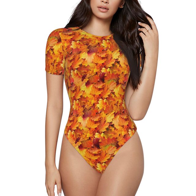 Fotbe Autumn Maple Leaf Pile Body de Mujer con Cuello Redondo y Mangas Cortas, Sin Mangas Ajustado, Suave, Cómodo y Básico-Large