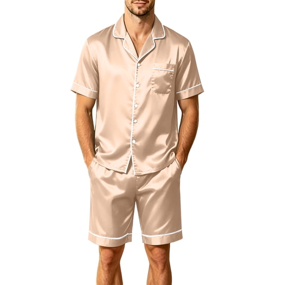 Mens Pajamas Set Silk Satin Sleepwear Short Sleeve Button Down Pjs Set 2 Piece Loungewear with Pockets Champagne XL