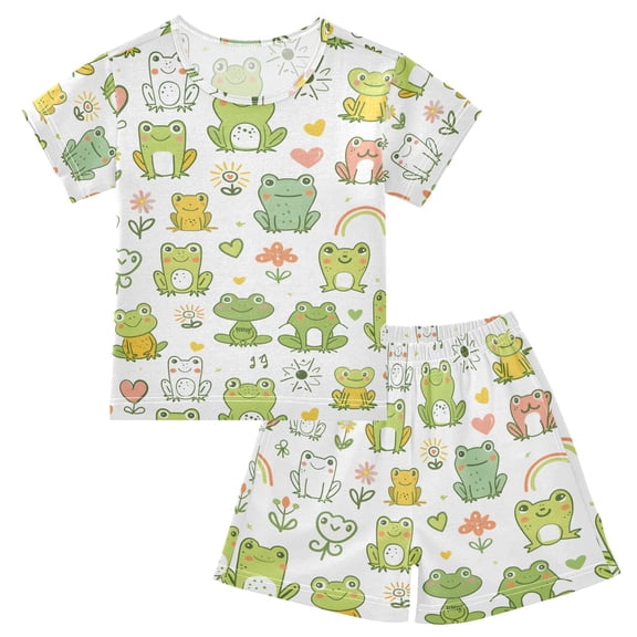 joogoo Cartoon Frog Floral Pattern Pajama Sets Short Sleeve Cotton 2-Piece Sleepwear 10Y