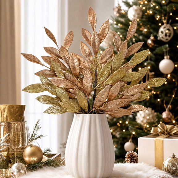 Trovenix Gold Artificial Leaf Stems Glitter Fake Leaf Branches For Christmas Winter Holiday Vase Fillers Table Mantel Home Decor