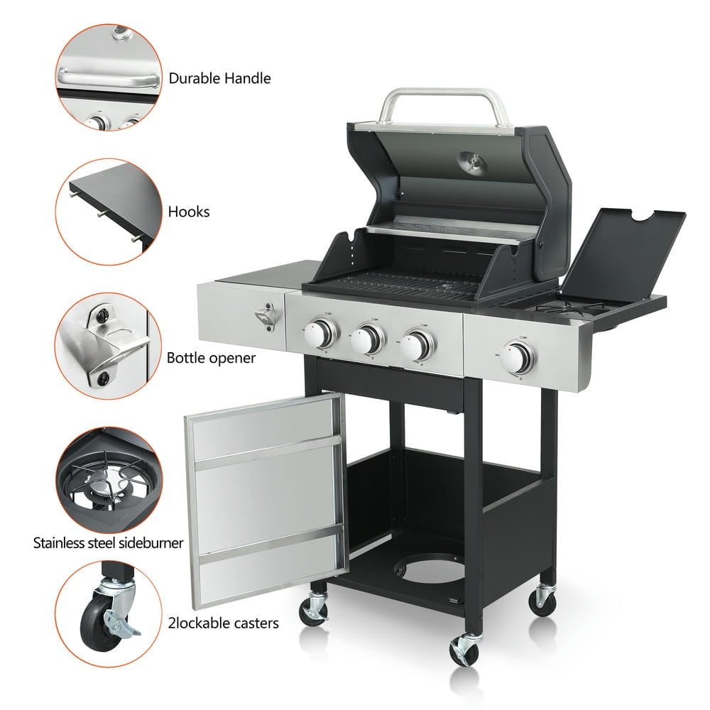 Barara King BBQ Grill, Outdoor Camping Grill,3-Burner Propane Gas BBQ Grill with Side Burner, 37230BTU Output With Enameled Cast Iron Cooking Grids