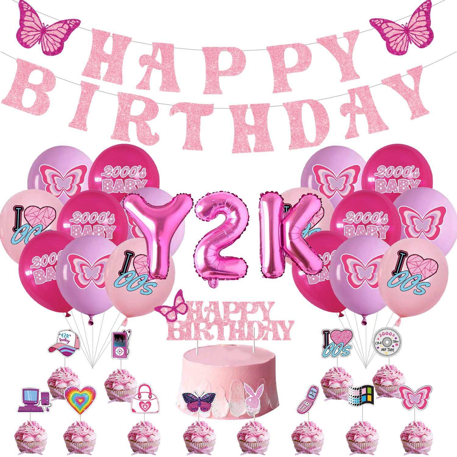 Y2k Party Decorations for Girls, Y2k Birthday Party Decorations, Pink Heart  Backdrop, Hanging Swirls, Cupcake Toppers, Y2k Foil Balloon Kit 00s Party