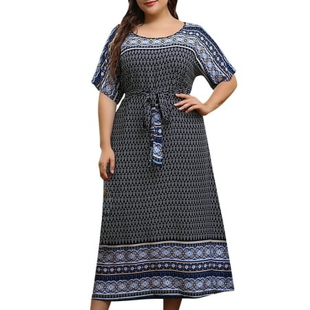 

Wenini Plus Size Dresses for Women Casual Crew-Neck Short Sleeve Maxi Vintage Floral Print Summer Dresses Casual Belt High Waist Loose Dress Navy xxxxl