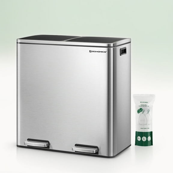 16 Gallon Dual Trash Can Rubbish Bin and 15 Trash Bags, Metal, Silver and Black