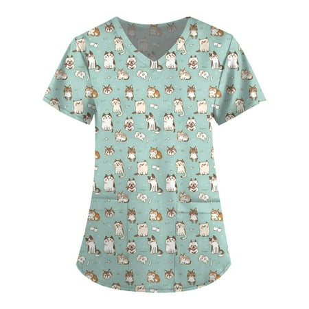 

QAZXD Womens Summer Tops Floral V-Neck Short Sleeve Scrub Tops with Two Pockets Pullover Green M