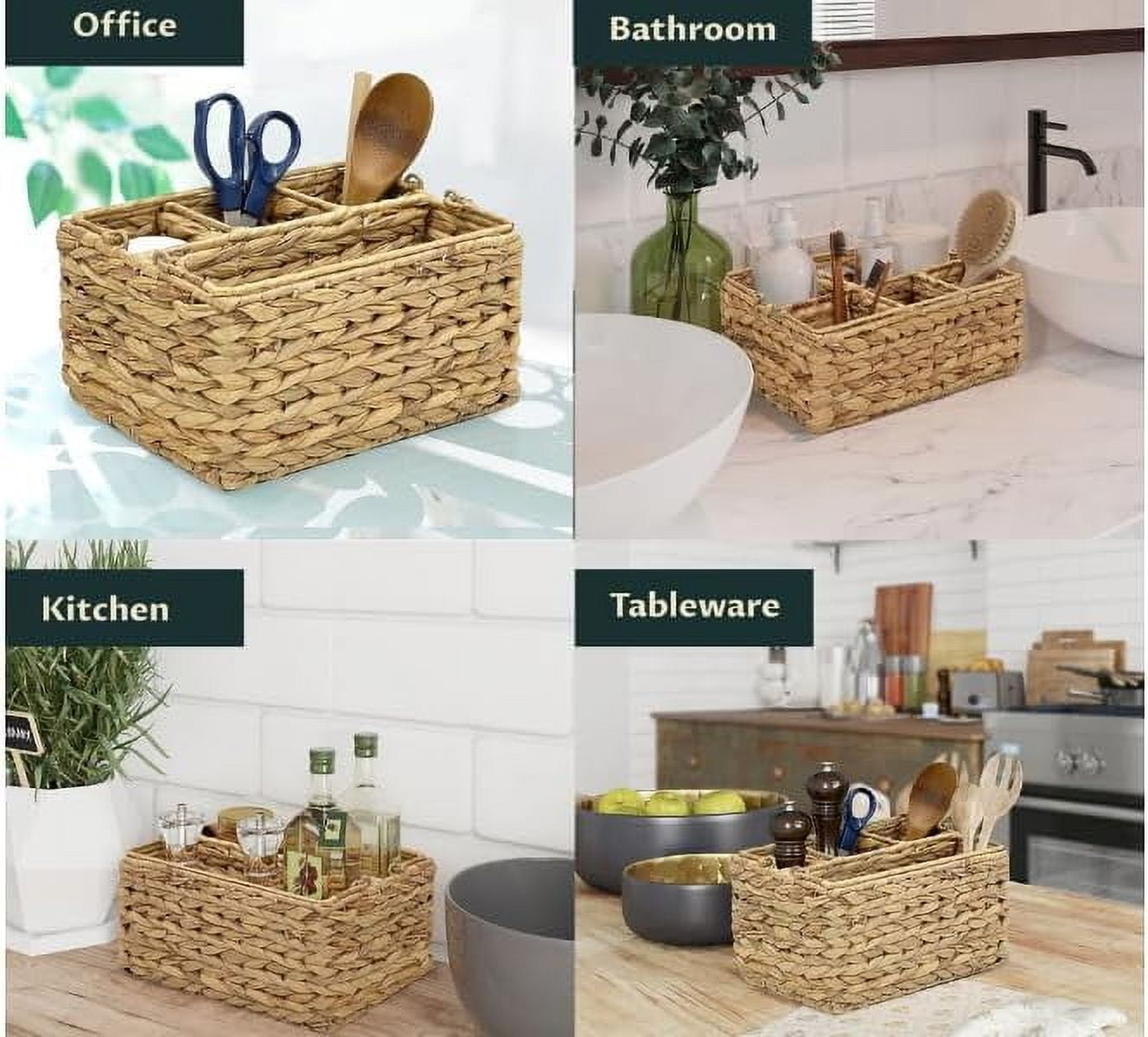 Water Hyacinth Wicker Utensil Caddy Carrier | Water Hyacinth Woven Divided Cutlery Holder for Table - Kitchen Set Counter Top Organizer