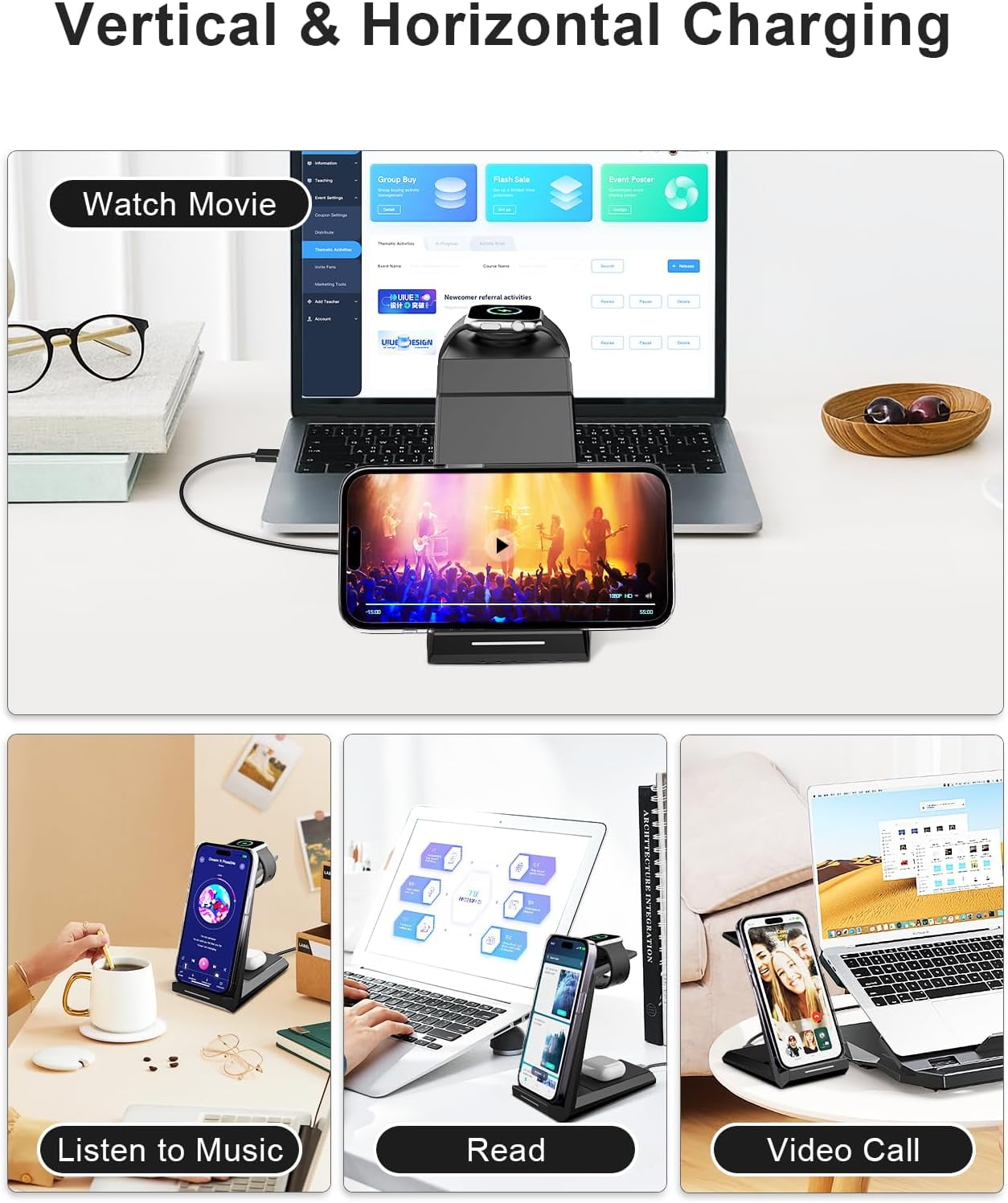 Wireless Charging Station for iPhone - MJMJ 3 in 1 Charger Stand for iPhone 17 16 15 14 13 12 11 Pro Max XR 8 Plus, for Apple Watch 8/7/SE/6/5/4/3/2, AirPods Pro/3/2(with 5ft Cable and 20W Adapter)