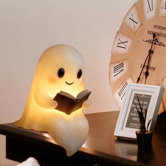 Konghyp Cute Ghost Reading Book Lamp, Halloween Night Light, Warm Lighting Decorative Figurine, Adorable Indoor Decor for Shelf and Mantel, Unique Gift for Book Lovers