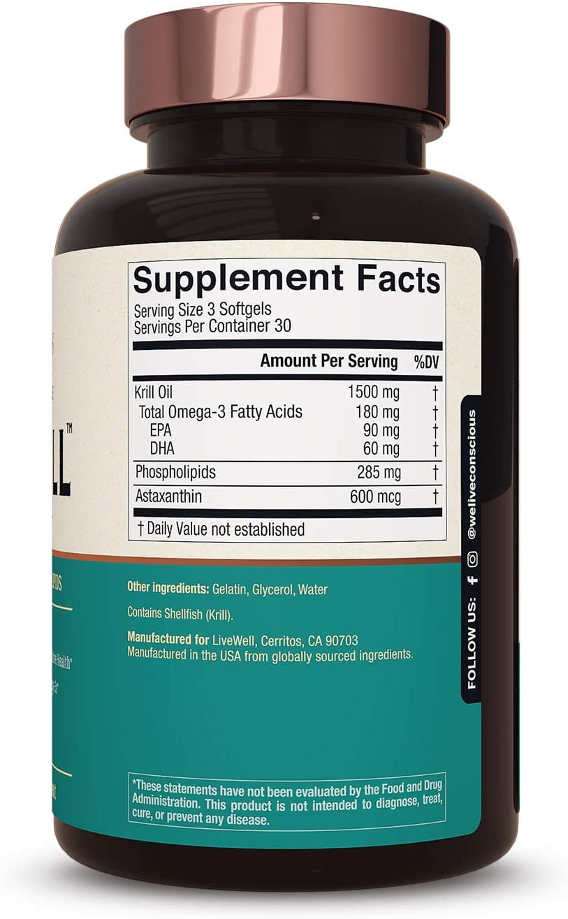 Live Conscious KrillWell Heart & Cognitive Support Krill Oil Omega-3, 1500mg, 90ct