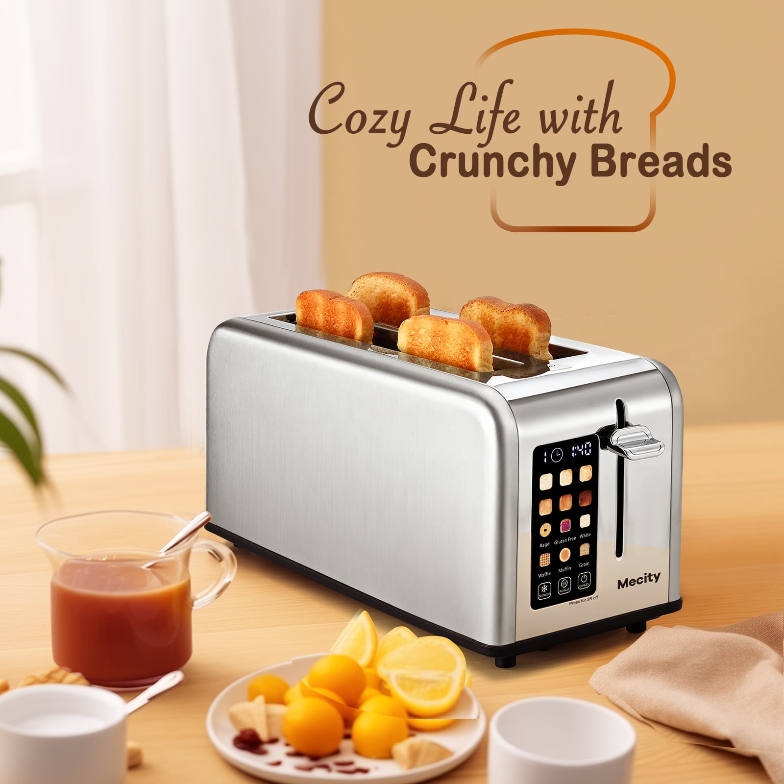Mecity 4-Slice Toaster with Touchscreen, Stainless Steel, Long Slots, Crumb Tray, Timer, Defrost, Reheat, 120V 1400W, Silver