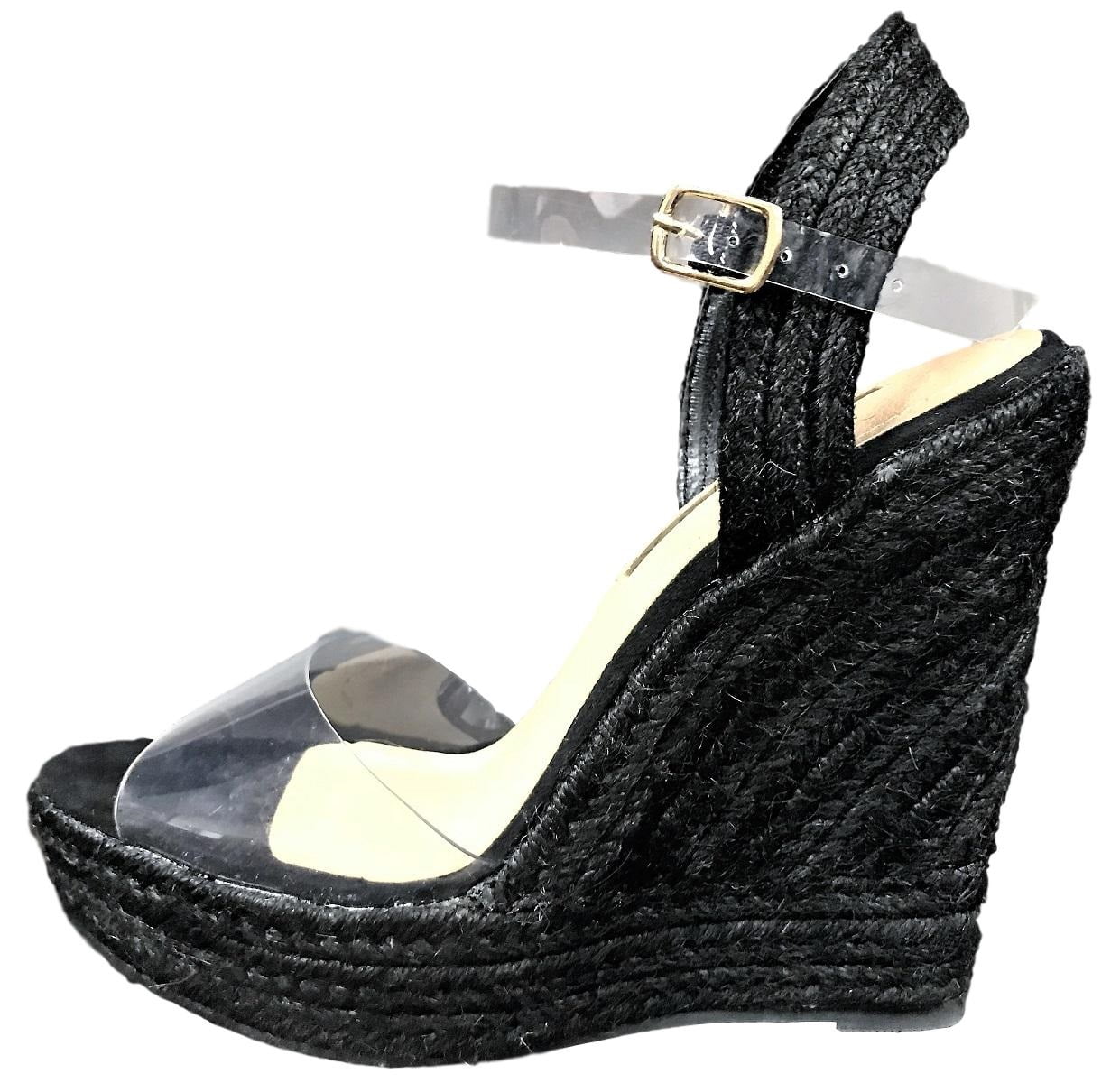 Derby-78 Espadrille Mary Jane Transparent Clear Straps Platform Wedge Sandal Black - Walmart.com