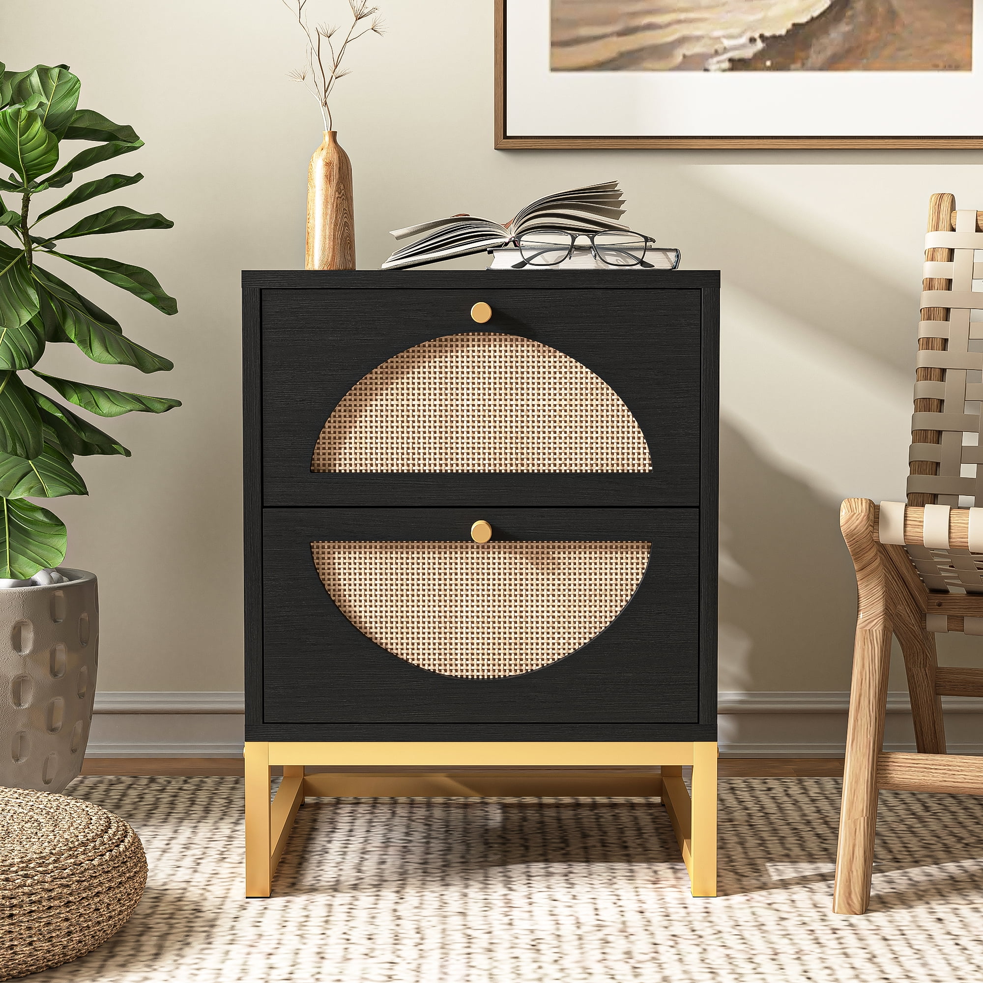 YYAo 1Pcs Nightstand, Bedside Table with 2 Natural Rattan Drawer & Metal Legs, Nightstand Side Table for Bedroom, Black YYAo 1Pcs Nightstand, Bedside Table with 2 Natural Rattan Drawer & Metal Legs, Nightstand Side Table for Bedroom, Black