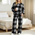 thumbnail image 2 of Two Piece Plaid Set for Women Long Sleeve Crew Neck Tops Wide Leg Pants Fall Winter Thicken Warm Soft Lounge Home Wear (XL, Dark Gray), 2 of 7