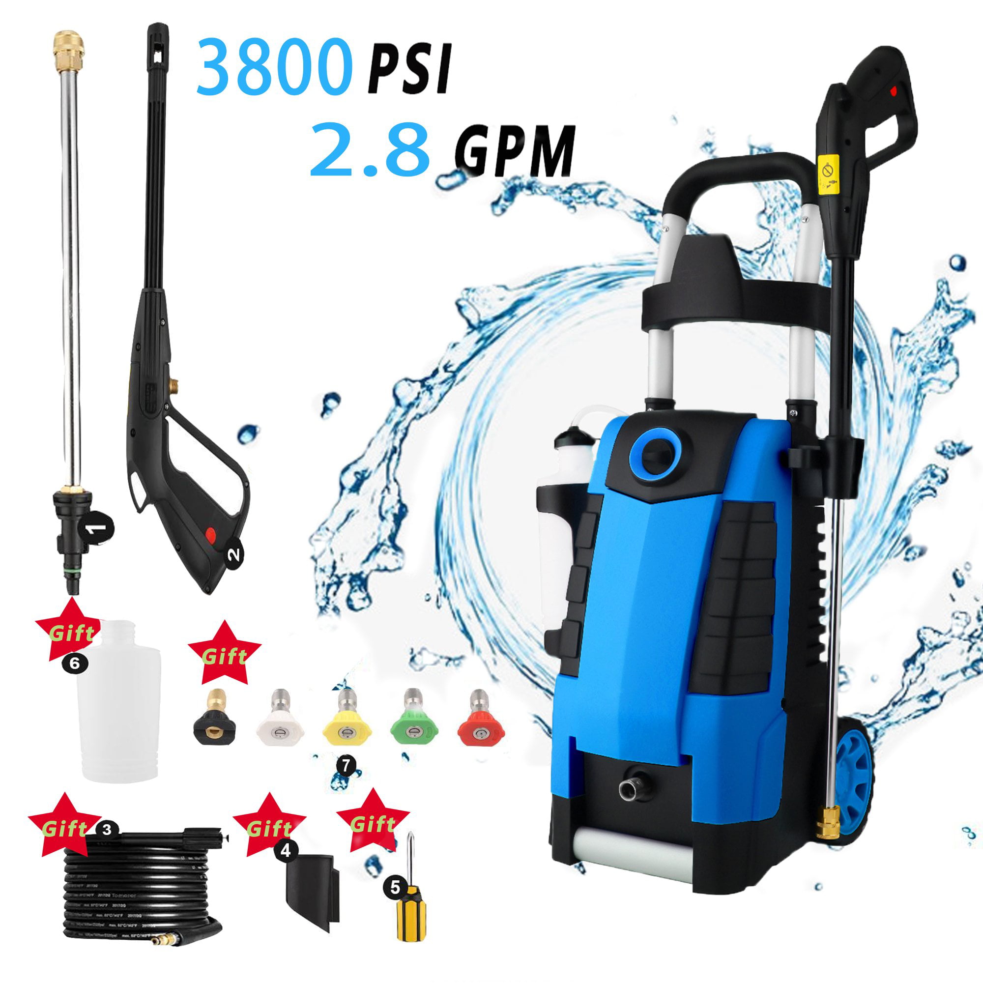 3800PSI 2.8GPM Electric Pressure Washer 1800W High Power Cleaner Water Sprayer 