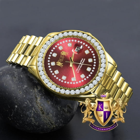 Mens Full Solid stainless Steel Solitaire Red Face 18K Yellow Gold Finish Simulated Diamond 41mm Watch