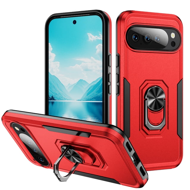 for Google Pixel 10 Pro XL Case, Slim Fit Military Grade Shockproof Case with 360 Rotating Ring Holder Kickstand Support Car Mount Magnetic Rugged PC Protective Phone Case,Red+Black