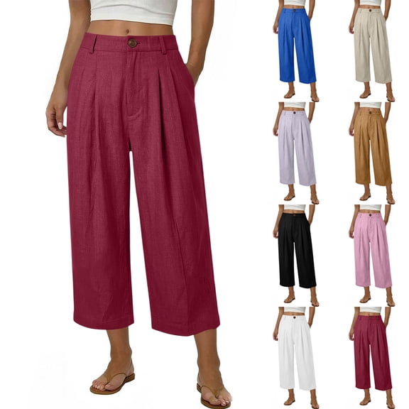 Miluxas Womens Summer Business Casual Cropped Pants High Waisted Wide Leg Stretchy Straight Trousers with Pockets Casual Going Out Pants White