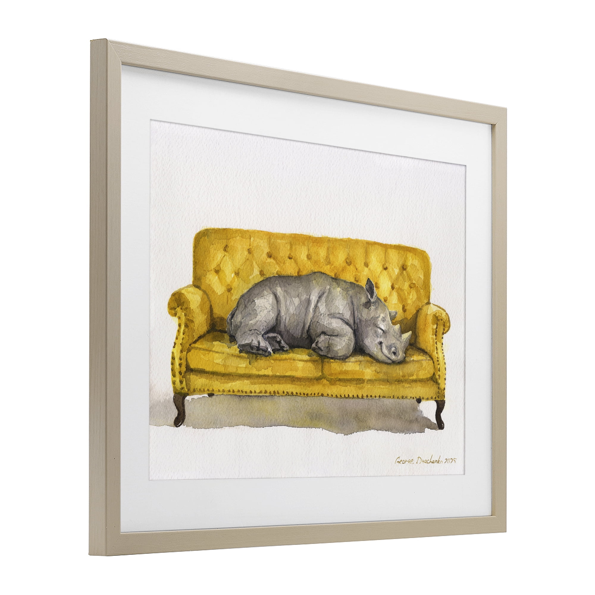 Stupell Industries Cute Rhino Resting Birch Framed Print Under Glass, design by George Dyachenko