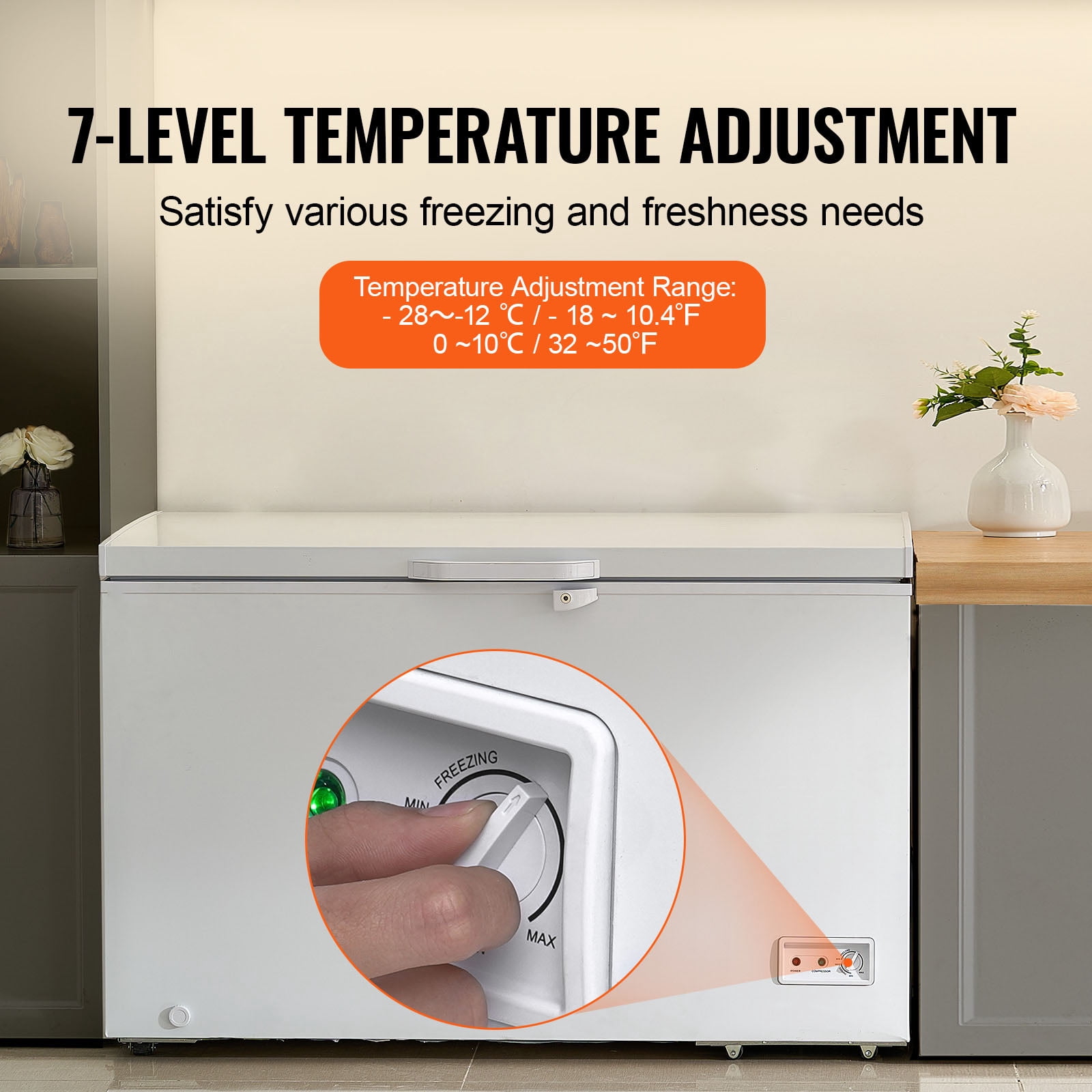 KFFKFF 12.8 Cu.ft / 345L Small Top-Open Chest Freezer 7-Speed​Temperature Control Removable Storage Basket, Freestanding 4 Detachable Baskets, 6 Casters