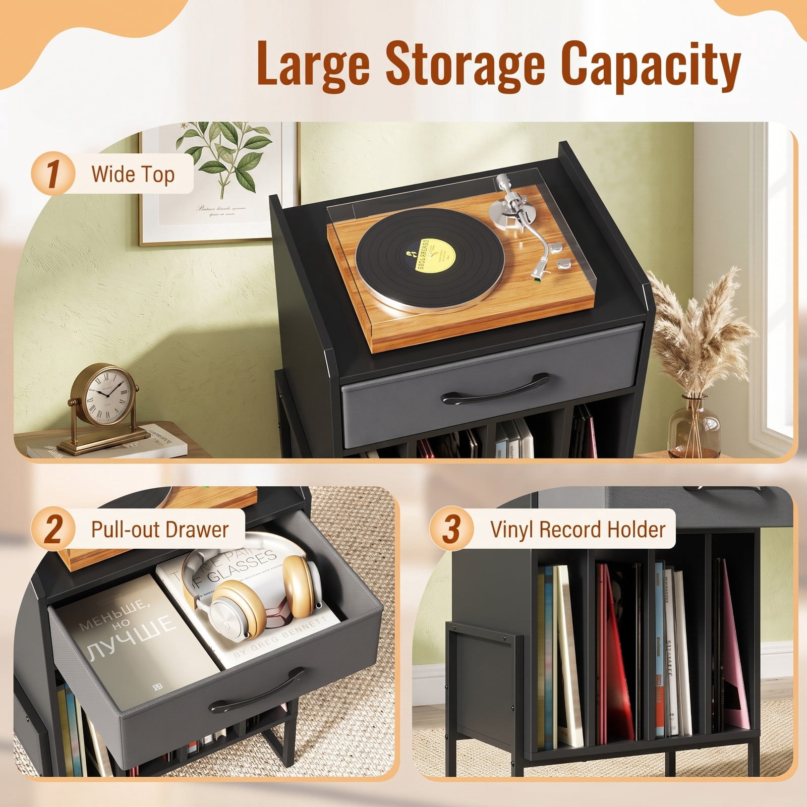 Furnibear Record Player Stand with Storage Drawer and Vinyl Record Holder, Turntable Table with Metal Frame and Wide Top for Living Room Music Room Study, Black
