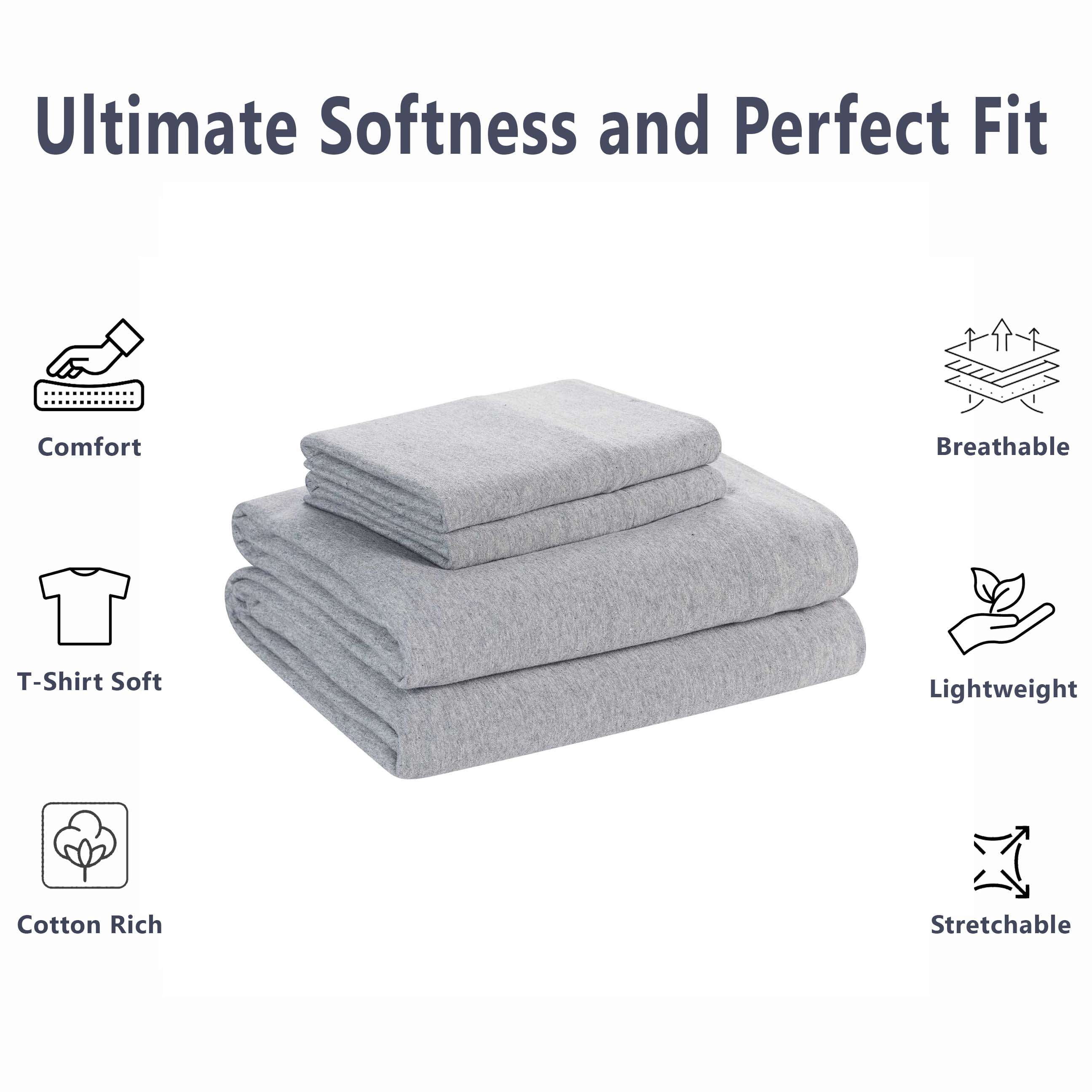 Mainstays Cotton Rich Extra Soft Jersey Bed Sheet Set, Twin-XL, Grey Heather, 3 Pieces