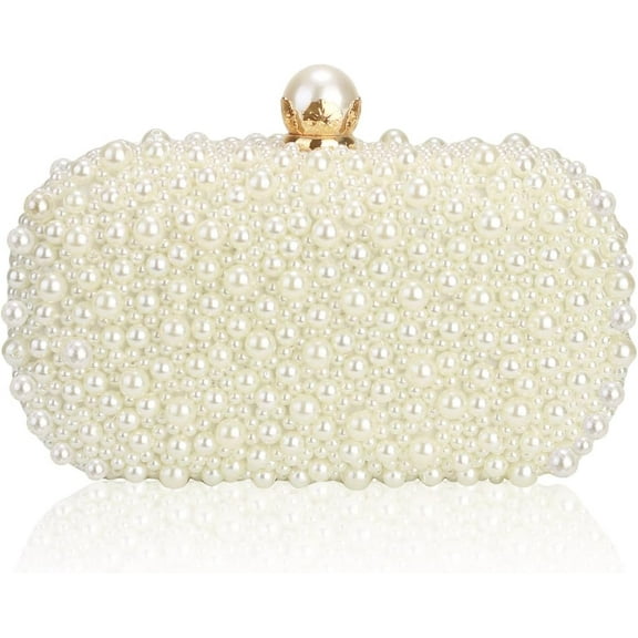 Kwuty Women Pearl Clutches Noble Crystal Beaded Evening Handbag Chain Strap Shoulder Bag for Wedding Bridal Party Prom